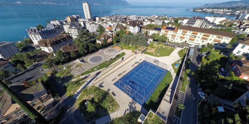 Montreux - Parking semi-enterré et aménagement d'un parc extérieur avec surface de jeux